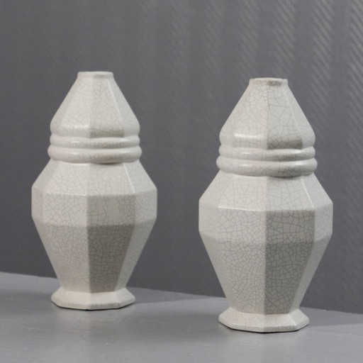 Pair of Saint Clément earthenware vases Craquelé enamel Art Deco period 1930s