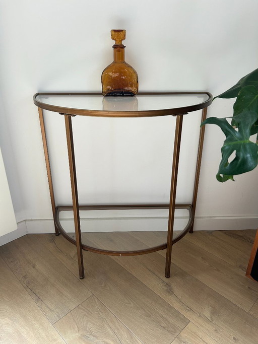 Halfronde dranktafel / sidetable met glazen blad en metalen frame in bronskleur – bijzettafels, Glass (photo 2 of 5)