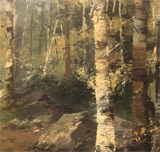 Image 1 of Huile sur toile ancienne signée, paysage de sous-bois 1893, cadre doré