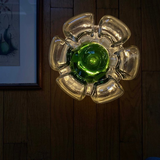Image 1 of Lampada da soffitto vintage in vetro di Murano di Mazzega, fiore verde e acciaio inossidabile