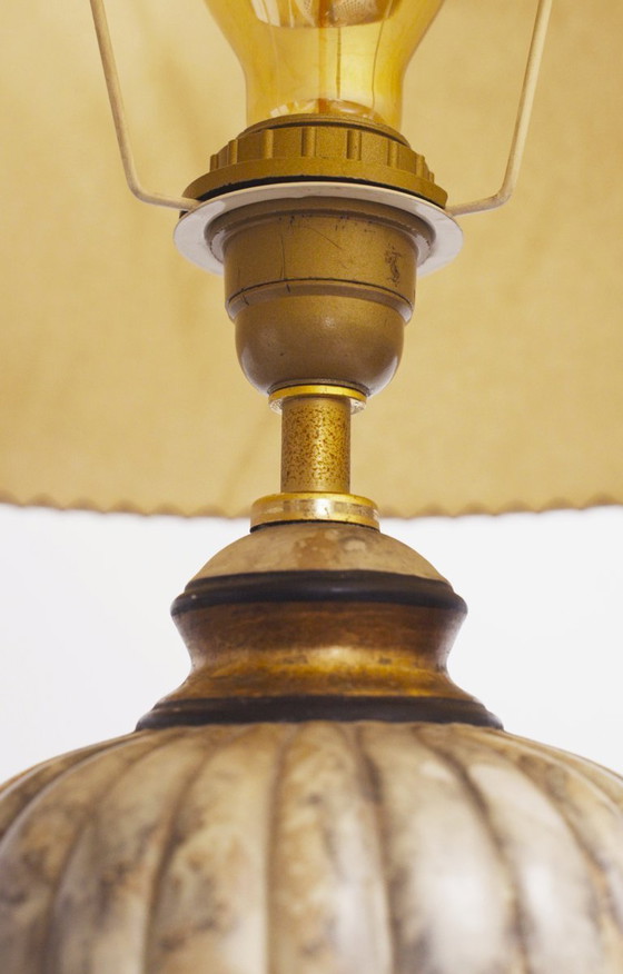Image 1 of Vintage Italian Neoclassical Urn Table Lamp Faux Marble Stone Ceramic Lamp Parchment Shade Organic Modern Mediterranean Lighting