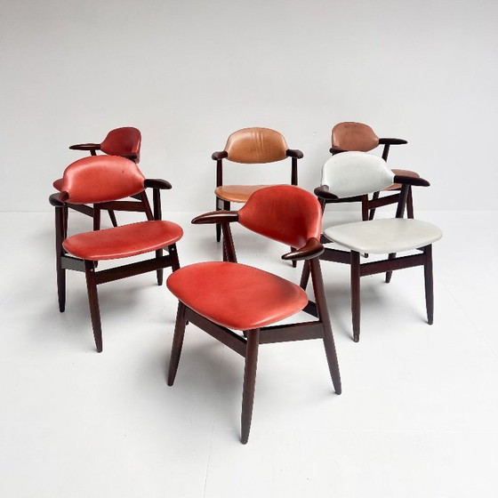 Image 1 of Roter Leder-Kuhhornstuhl für Renovierung, 1970er Jahre