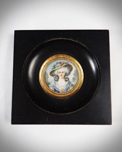 Miniature portrait of Marie-Antoinette with hat, hand-painted on ivory 19th century