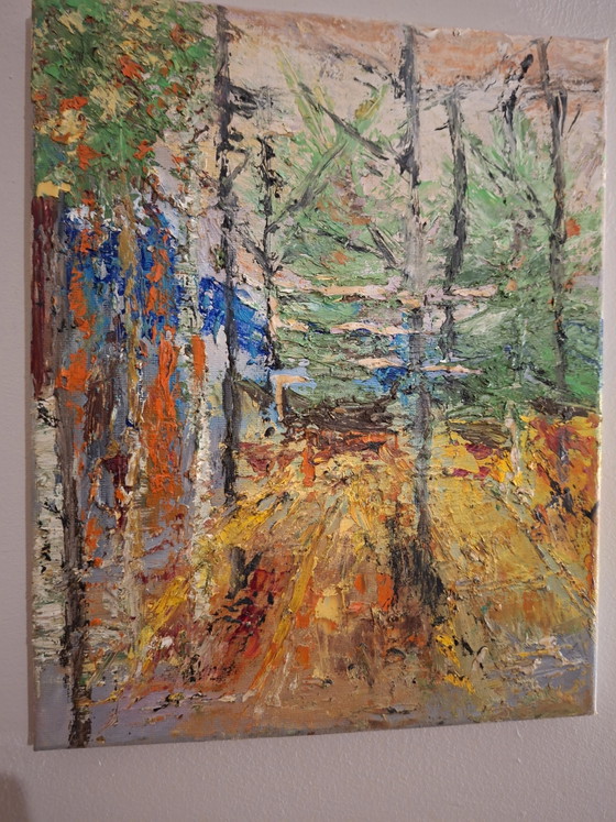Stimmungsvolle Waldlandschaft – Farbenfrohes Gemälde mit Struktur – Stouwe K., Kunst, Wood, Canvas (photo 8 of 11)