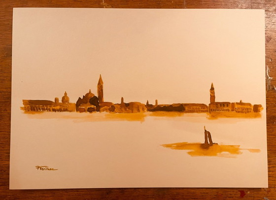 Image 1 of Acuarela sanguina firmada "Aurore sur Venise"