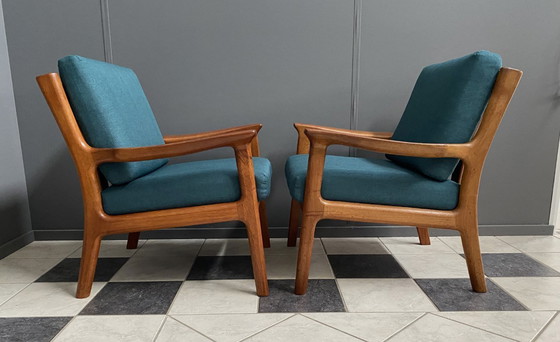 Image 1 of Ensemble de chaises danoises en teck de Jull Kristensen, années 1960, avec un nouveau revêtement vert.