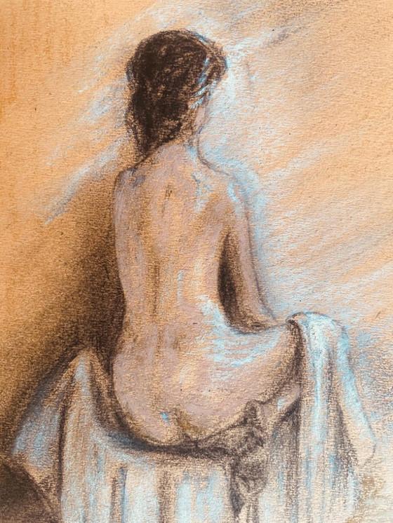 Image 1 of Pastel painting "female portrait from behind in a white drape"