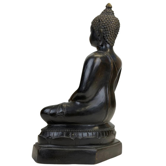 Buddha Thai in Bronzo in Bhumisparsha Mudra – Patina Scura – Sculture, Bronze, Klassiek (photo 6 of 10)