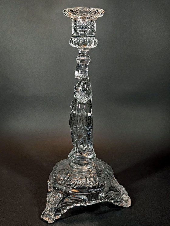 Image 1 of Antique "Sacred Heart" Crystal Candlestick (1900-1930) UV Reactive (Val Saint Lambert/Portieux)