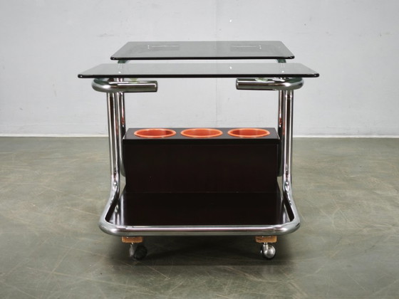Rare 1970s Space Age Chrome, Smoked Glass and Wood Bar Cart – Metal (photo 9 of 14)