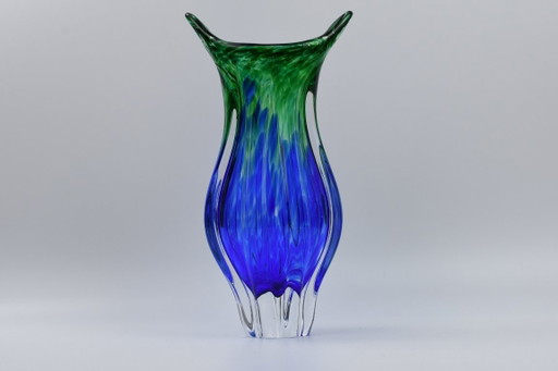 Egermann Novy Bor Vase – blaues & grünes mundgeblasenes böhmisches Kunstglas, 31 cm