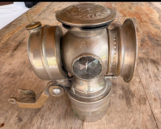 Image 1 of Antiguo Farol Carburo Americano C.M. Hall Lamp Co. "Solar Model S" (1917-1922)- Niquelado y Soporte Original