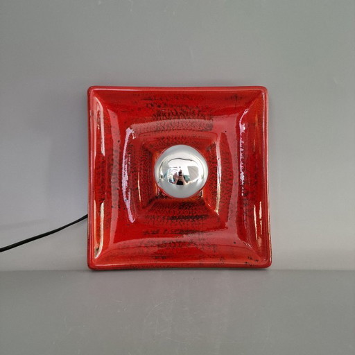 Lampe murale vintage carrée rouge - céramique, glaçure orange/rouge, Allemagne 1970, Hustadt Leuchten, E27