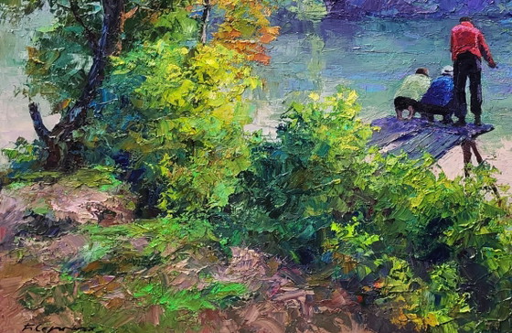 Image 1 of Dipinto ad olio originale Paesaggio naturale Foresta Fiume Pesca mattutina