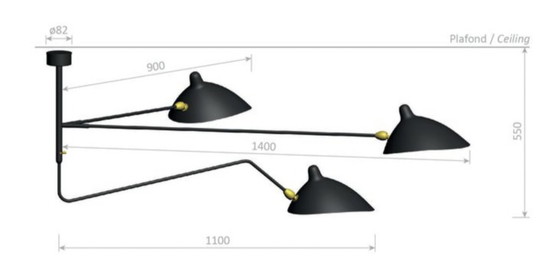 Image 1 of Serge Mouille ceiling lamp, 3 arms, 1 curved