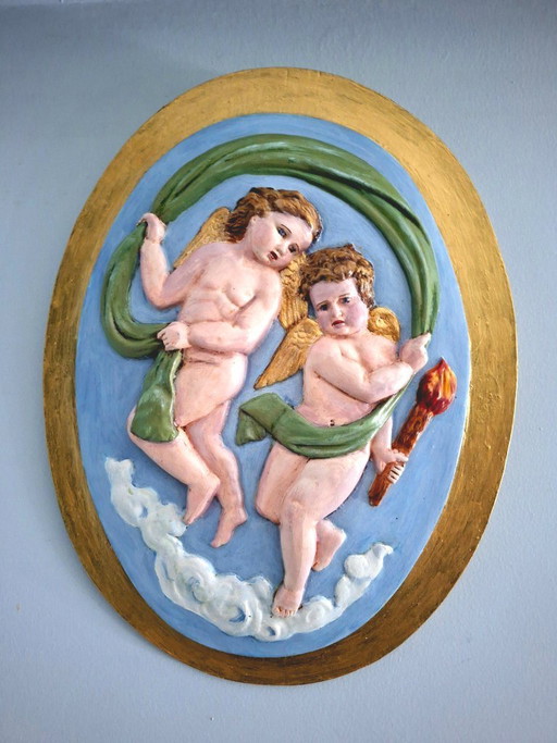 Cuadro Relieve Oval Querubines Ángeles Policromados a Mano sobre Madera |Firmado|Decoración Vintage
