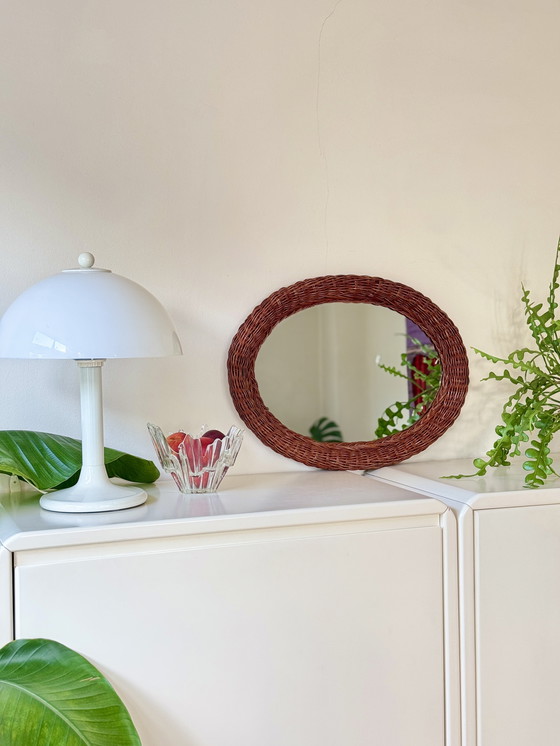 Image 1 of Vintage rattan wall mirror oval - boho retro 70s style