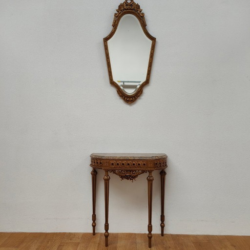 Console murale, table d'appoint, plateau en marbre et miroir