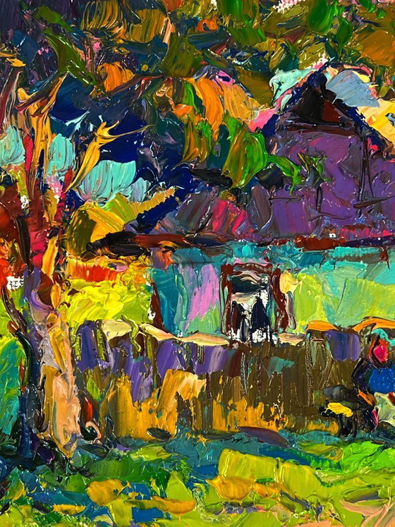 Image 1 of Peinture à l'huile originale, paysage champêtre, jardin d'été, maison au crépuscule