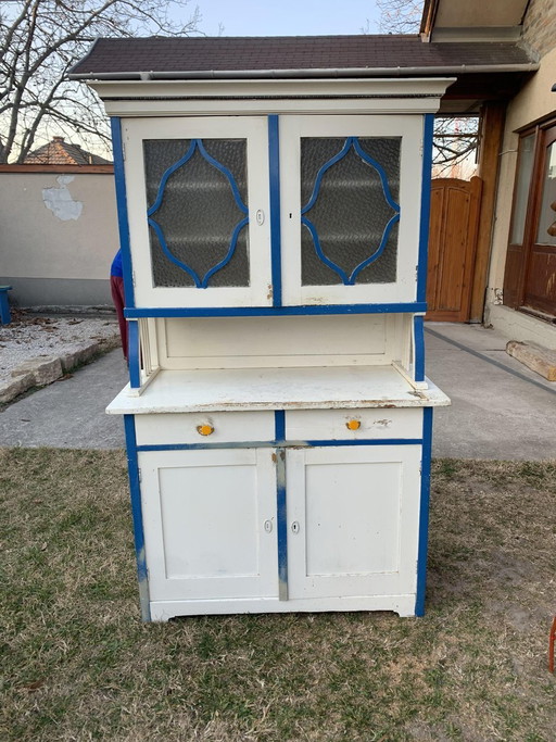 Credenza da cucina vintage in vetro e legno dipinto, anni '30