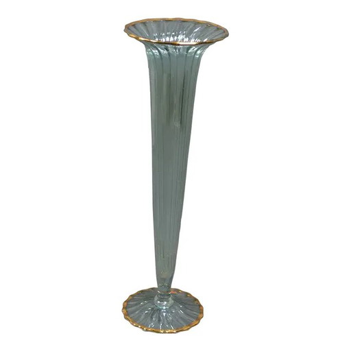 1970s Murano Cornet Vase - Green Iridescent Glass Highlighted With Gold Threads