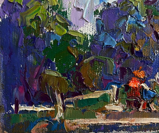Image 1 of Original Oil Painting Summer City Landscape A walk through the city park