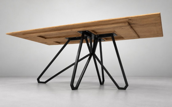 Dining table with wooden top and black metal base, Reclaim Studio, Brown, Modern (photo 2 of 7)