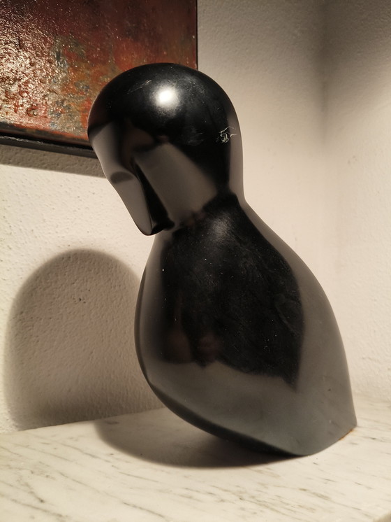 Image 1 of Vintage design modernist black marble sculpture of a stylized abstract bird on a white marble base