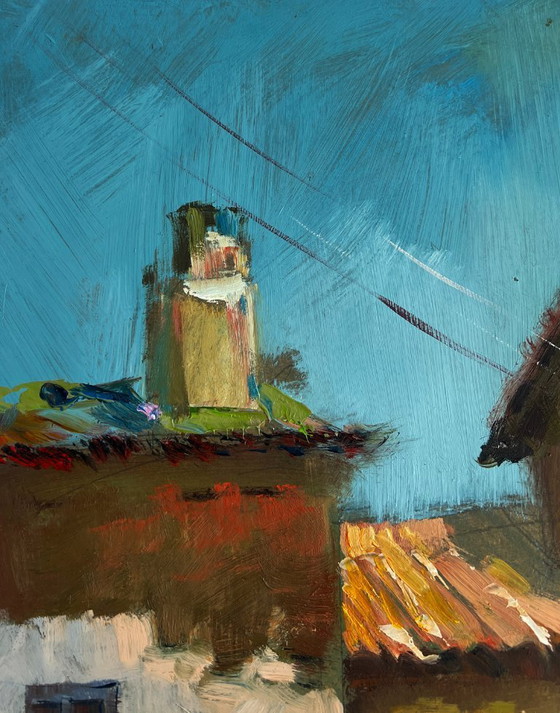 Image 1 of Original Oil Painting Summer Street Landscape Old house in the city