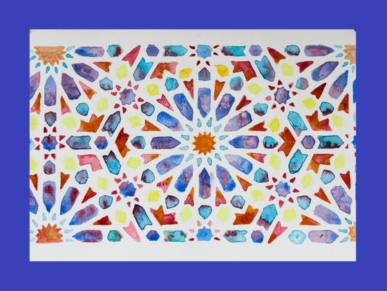 Image 1 of Aquarelle originale représentant une faïence arabe. Peinture géométrique. Neuve.
