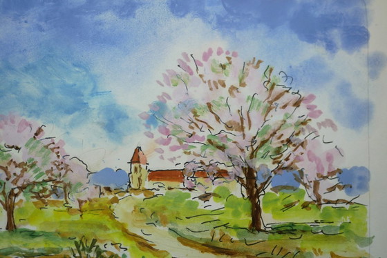 Image 1 of Small painting by Marcel Pressac - Spring landscape, dated and signed.
