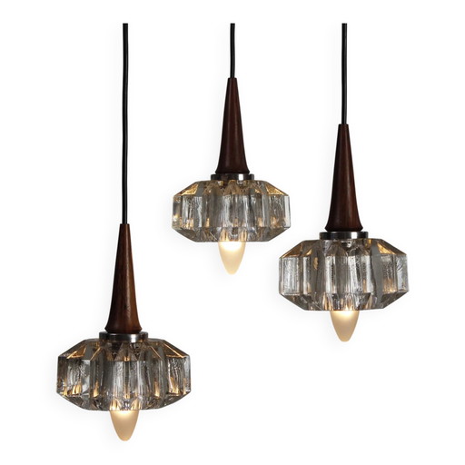 Drievlammige plafondlamp in ebbenhout en glas vintage lamp
