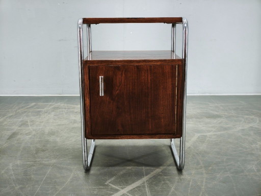Table de chevet tubulaire en chêne et chrome de style Bauhaus, Tchécoslovaquie des années 1940