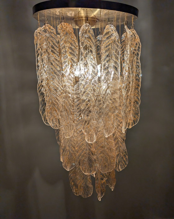 Image 1 of Lustre italien avec feuilles en verre de Murano ambre et caramel, 1970S