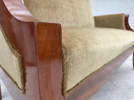 Image 1 of 1950s, 2 Seater Danish Highback Sofa, Furniture Velour, Laqered Teak Wood.