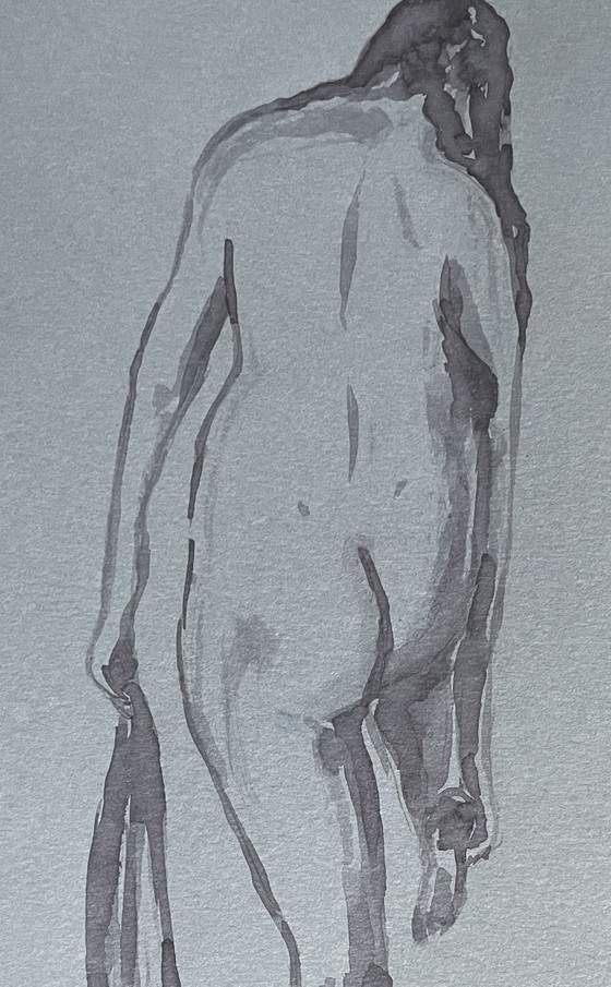 Image 1 of Ritratto femminile acquerello monocromatico su carta denim