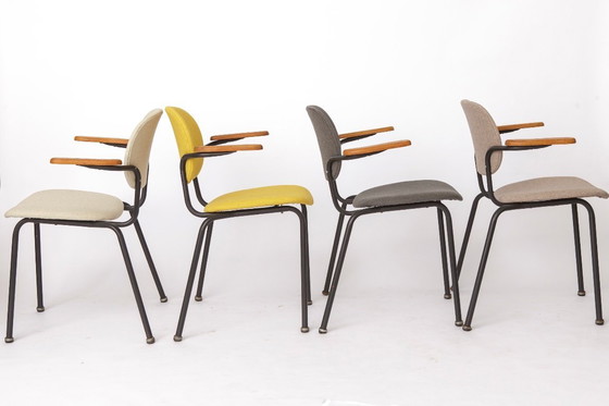 Image 1 of Set of 4 Vintage Armchairs 1950s Germany, Mid Century Modern Dining Chairs, Metal Frame with Wood Arms