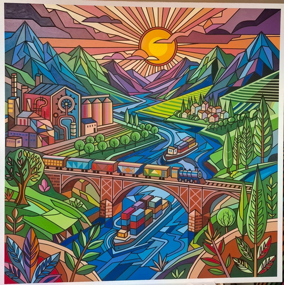 Large Colorful Painting 95 X 95 Cm – Industrial Landscape – Paintings & Drawings, Mdf (photo 2 of 5)