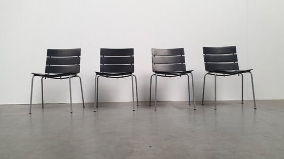 Image 1 of 4x Giancarlo Vegni Fasem Italia Stripe Zadelleer Vintage Stoelen Design