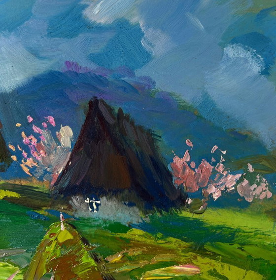 Image 1 of Original Oil Painting Rural Summer Landscape Quiet village on a green hill