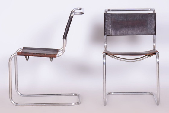 Set van vier originele Bauhaus-stoelen, echt leer, chroom, Duitsland, jaren 1930 – Eetkamerstoelen, Leather (photo 6 of 11)