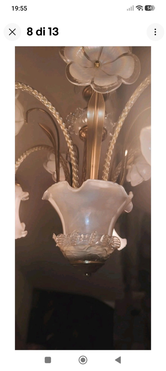 Vintage 5-Light Murano Style Chandelier in Brass and White Glass – Murano Glass (photo 8 of 9)