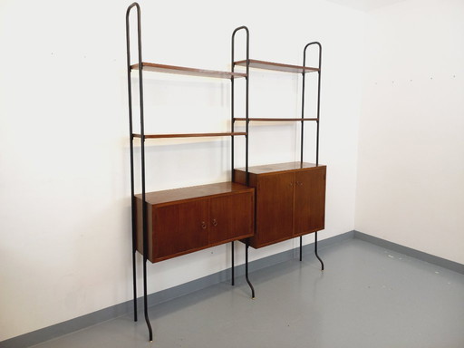 Vintage Italian double modular bookcase in wood and metal from the 60s