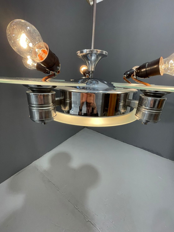 Image 1 of 1930s Art Deco Chrome Chandelier with Frosted Glass Disc Shades – Czech Vintage Lighting