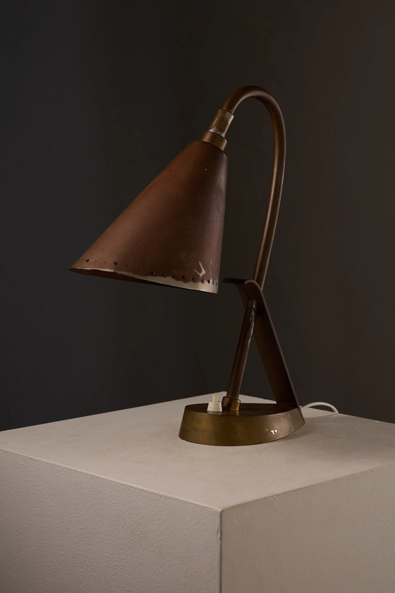 Lampe de table moderniste en cuivre et laiton, France, Mid Century Modern (photo 11 sur 11)