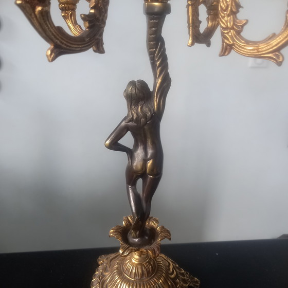 Image 1 of Paire Splendide Bougeoir Candelabre Bronze Doré  Femme Nue