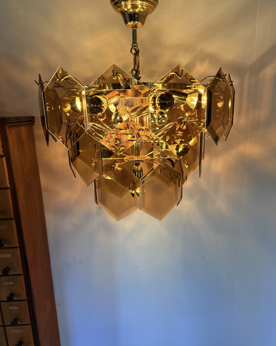 Image 1 of Vintage hexagon rookglazen kroonluchter, Italië ‘70