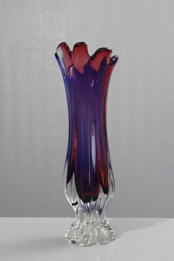 Image 1 of Grote vaas van Murano-glas, vervaardigd met de Sommerso-techniek, roze en blauw, Italiaans design, jaren 70.