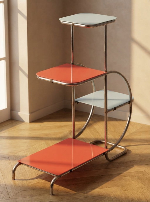 Bauhaus Steel Plant Stand by Emile Guyot for Thonet, Colored Glass Shelves, Circa 1930s, Czechoslovakia, 90 × 30 × 105 cm