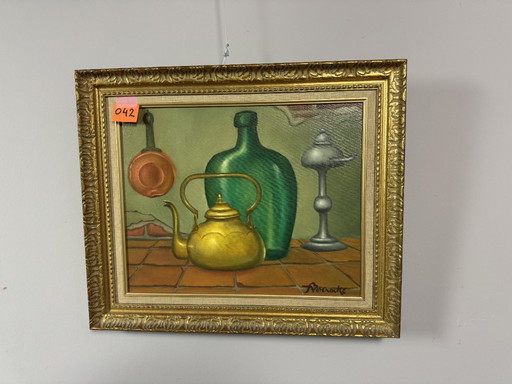 Magical Realist Kettle and Jug Still Life by Ferdinand Vercnocke, Oil on Canvas, Belgium, Mid-20th Century